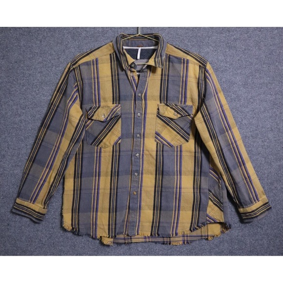 Free People Tops - Free People Shirt Women Large Plaid Multi Flannel Raw Hem Fringe LS Bohemian